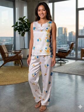 Satin Pajama Set in White with Blue & Yellow Floral Print
